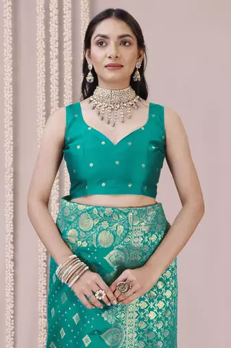 Teal art Banarasi Silk Woven Golden Zari Border Saree With Unstitched Blouse Piece