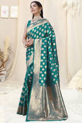 Teal Banarasi silk blendWoven Design Woven Golden Zari Border Saree With Unstitched Blouse Piece 3