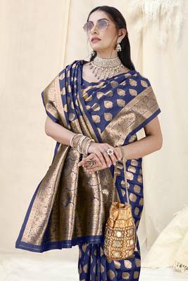 Navy Blue Banarasi silk blend Woven Design Woven Golden Zari Border Saree With Unstitched Blouse Piece 1