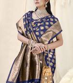 Navy Blue Banarasi silk blend Woven Design Woven Golden Zari Border Saree With Unstitched Blouse Piece
