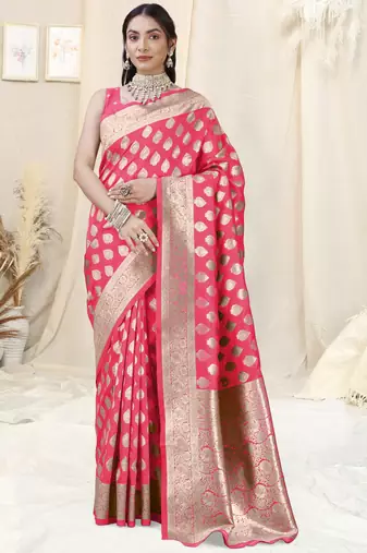 Pink Banarasi silk blend woven design woven golden zari border saree with unstitched blouse piece