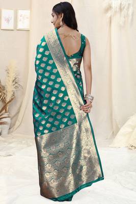 Teal Banarasi silk blendWoven Design Woven Golden Zari Border Saree With Unstitched Blouse Piece 4