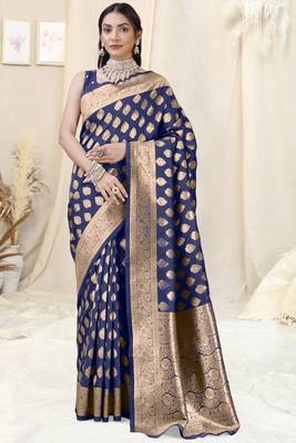 Navy Blue Banarasi silk blend Woven Design Woven Golden Zari Border Saree With Unstitched Blouse Piece 2