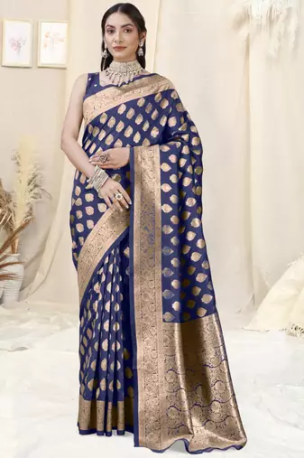 Navy Blue Banarasi silk blend Woven Design Woven Golden Zari Border Saree With Unstitched Blouse Piece