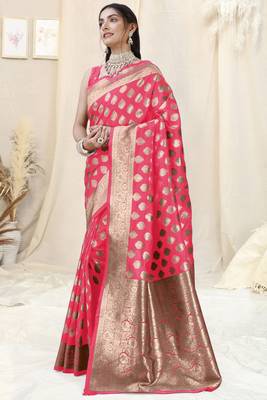 Pink Banarasi silk blend woven design woven golden zari border saree with unstitched blouse piece 3
