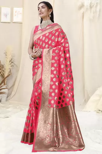 Pink Banarasi silk blend woven design woven golden zari border saree with unstitched blouse piece