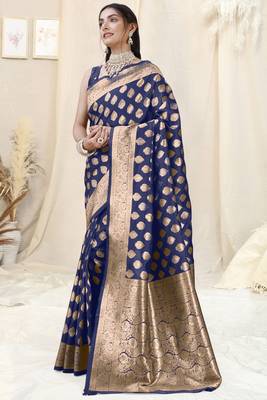 Navy Blue Banarasi silk blend Woven Design Woven Golden Zari Border Saree With Unstitched Blouse Piece 3