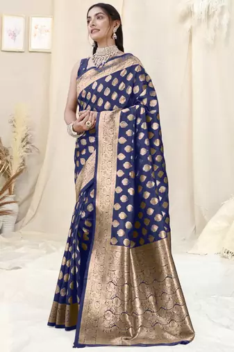 Navy Blue Banarasi silk blend Woven Design Woven Golden Zari Border Saree With Unstitched Blouse Piece