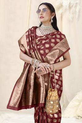 Maroon Banarasi silk blendWoven Design Woven Golden Zari Border Saree With Unstitched Blouse Piece 1