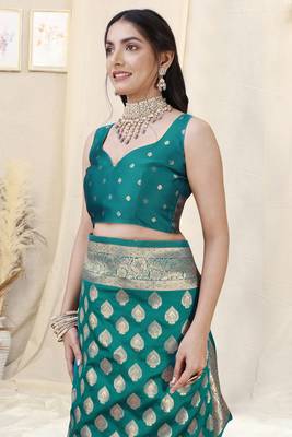 Teal Banarasi silk blendWoven Design Woven Golden Zari Border Saree With Unstitched Blouse Piece 5