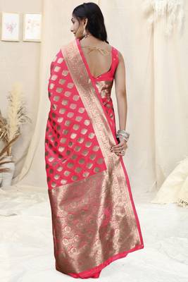 Pink Banarasi silk blend woven design woven golden zari border saree with unstitched blouse piece 4