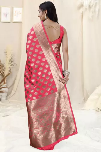 Pink Banarasi silk blend woven design woven golden zari border saree with unstitched blouse piece