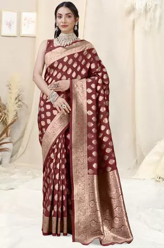 Maroon Banarasi silk blendWoven Design Woven Golden Zari Border Saree With Unstitched Blouse Piece
