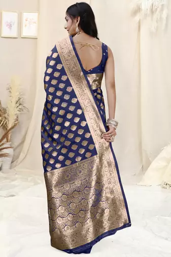Navy Blue Banarasi silk blend Woven Design Woven Golden Zari Border Saree With Unstitched Blouse Piece