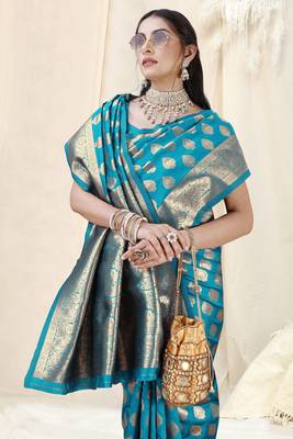 Turquoise Banarasi silk blend woven design woven golden zari border saree with unstitched blouse piece 1