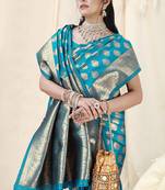 Turquoise Banarasi silk blend woven design woven golden zari border saree with unstitched blouse piece