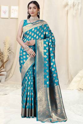 Turquoise Banarasi silk blend woven design woven golden zari border saree with unstitched blouse piece 2