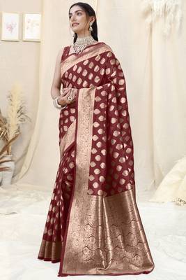 Maroon Banarasi silk blendWoven Design Woven Golden Zari Border Saree With Unstitched Blouse Piece 3