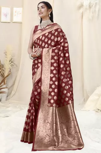 Maroon Banarasi silk blendWoven Design Woven Golden Zari Border Saree With Unstitched Blouse Piece