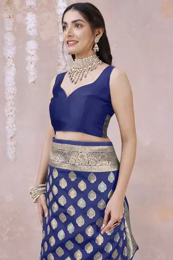 Navy Blue Banarasi silk blend Woven Design Woven Golden Zari Border Saree With Unstitched Blouse Piece