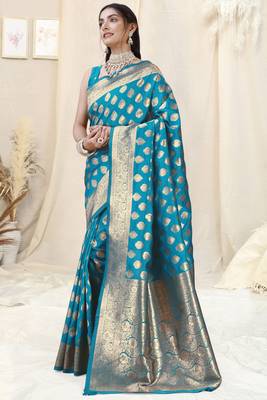 Turquoise Banarasi silk blend woven design woven golden zari border saree with unstitched blouse piece 3