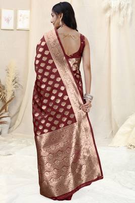 Maroon Banarasi silk blendWoven Design Woven Golden Zari Border Saree With Unstitched Blouse Piece 4