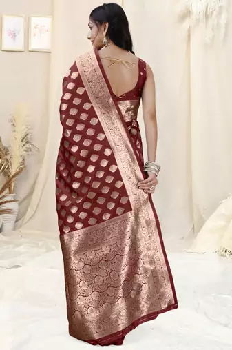 Maroon Banarasi silk blendWoven Design Woven Golden Zari Border Saree With Unstitched Blouse Piece