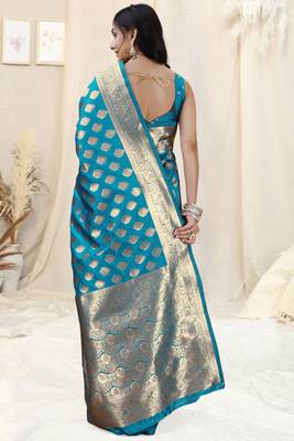 Turquoise Banarasi silk blend woven design woven golden zari border saree with unstitched blouse piece 4
