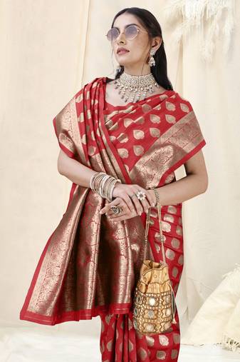 Red Banarasi silk blend woven design woven golden zari border saree with unstitched blouse piece