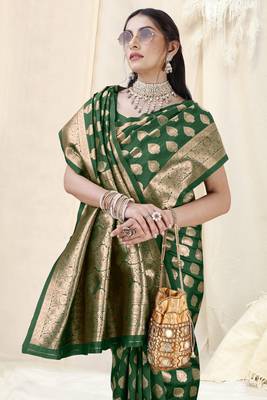 Green Banarasi silk blend woven design woven golden zari border saree with unstitched blouse piece 1