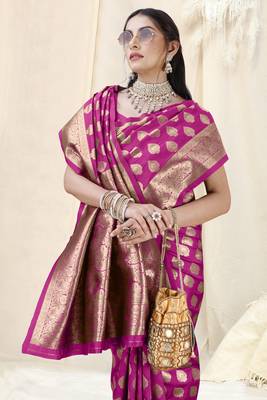 Magenta Banarasi silk blendWoven Design Woven Golden Zari Border Saree With Unstitched Blouse Piece 1