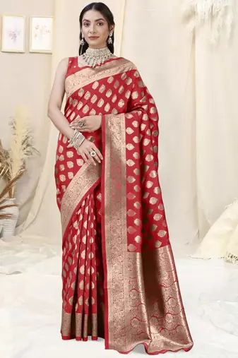 Red Banarasi silk blend woven design woven golden zari border saree with unstitched blouse piece