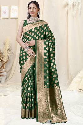 Green Banarasi silk blend woven design woven golden zari border saree with unstitched blouse piece 2
