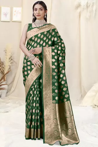 Green Banarasi silk blend woven design woven golden zari border saree with unstitched blouse piece