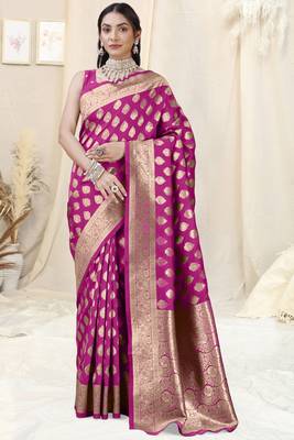 Magenta Banarasi silk blendWoven Design Woven Golden Zari Border Saree With Unstitched Blouse Piece 2