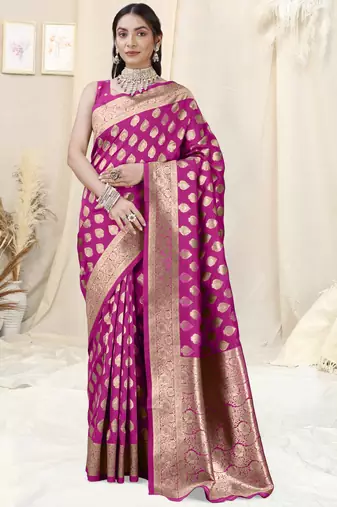 Magenta Banarasi silk blendWoven Design Woven Golden Zari Border Saree With Unstitched Blouse Piece