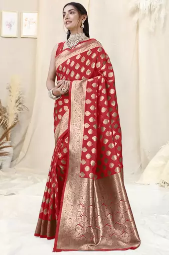 Red Banarasi silk blend woven design woven golden zari border saree with unstitched blouse piece