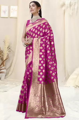 Magenta Banarasi silk blendWoven Design Woven Golden Zari Border Saree With Unstitched Blouse Piece