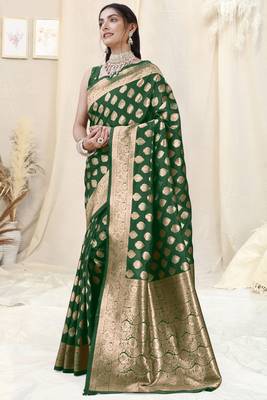 Green Banarasi silk blend woven design woven golden zari border saree with unstitched blouse piece 3