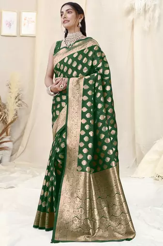 Green Banarasi silk blend woven design woven golden zari border saree with unstitched blouse piece