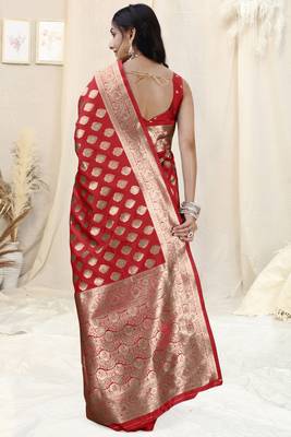 Red Banarasi silk blend woven design woven golden zari border saree with unstitched blouse piece 4