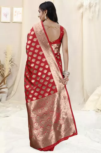 Red Banarasi silk blend woven design woven golden zari border saree with unstitched blouse piece