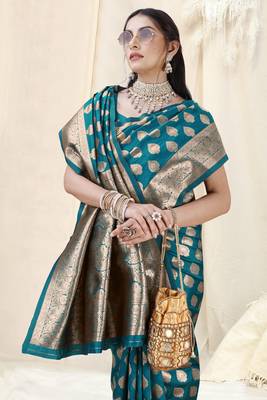 Teal Faux Banarasi Silk Woven Design Woven Golden Zari Border Saree With Unstitched Blouse Piece 1