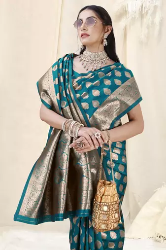 Teal Faux Banarasi Silk Woven Design Woven Golden Zari Border Saree With Unstitched Blouse Piece