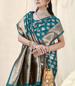 Teal Faux Banarasi Silk Woven Design Woven Golden Zari Border Saree With Unstitched Blouse Piece