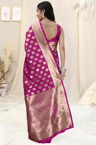 Magenta Banarasi silk blendWoven Design Woven Golden Zari Border Saree With Unstitched Blouse Piece