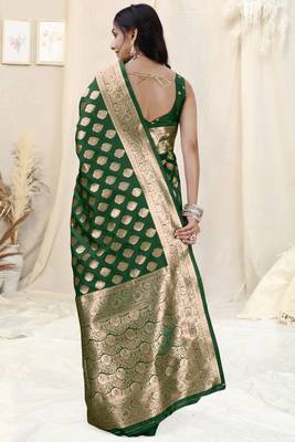 Green Banarasi silk blend woven design woven golden zari border saree with unstitched blouse piece 4