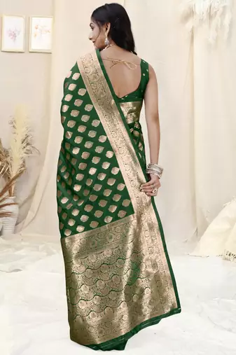 Green Banarasi silk blend woven design woven golden zari border saree with unstitched blouse piece