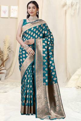 Teal Faux Banarasi Silk Woven Design Woven Golden Zari Border Saree With Unstitched Blouse Piece 2