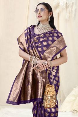 Purple Banarasi silk blendWoven Design Woven Golden Zari Border Saree With Unstitched Blouse Piece 1